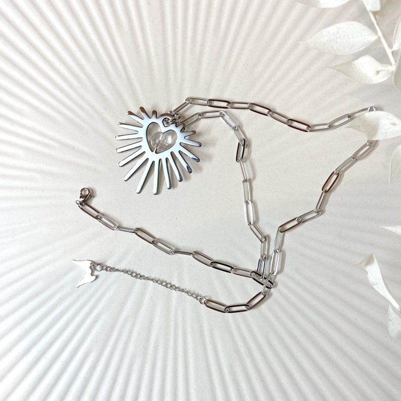 Collier coeur quartz rose