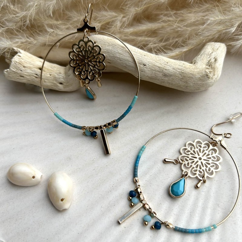 Boucles d'oreilles arabesques dorées et turquoise