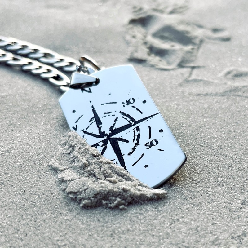 Chaine homme en acier avec pendentif rose de vents